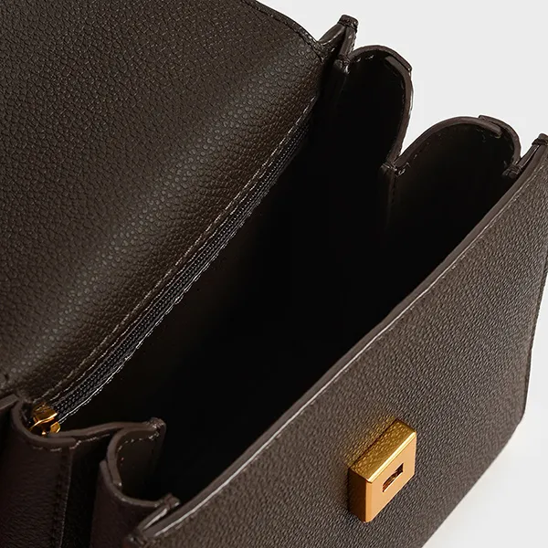 Túi Xách Nữ Charles & Keith CNK Geometric Top Handle Chain-Link Bag 50270882-1 Màu Đen Rêu