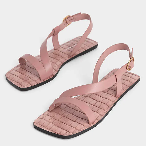 Dép Nữ Charles & Keith CNK Asymmetric Slingback Flat Sandals - Pink CK1-70060591 Màu Hồng