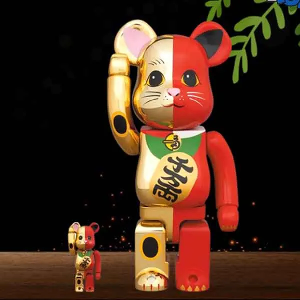 Đồ Chơi Mô Hình Bearbrick Maneki Neko Gold Red Màu Vàng Đỏ Size 100% + 400%