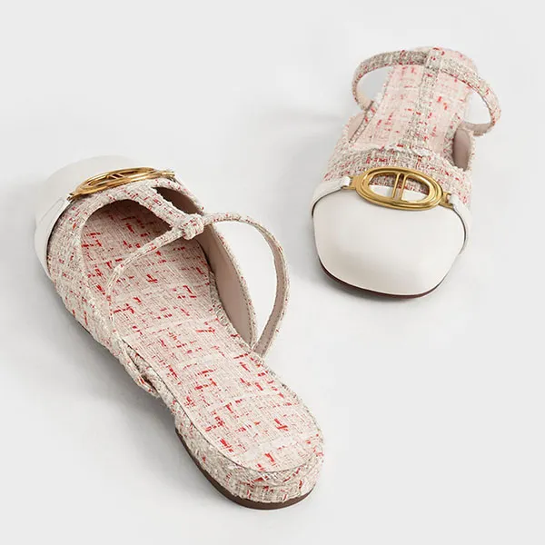 Giày Sục Nữ Charles & Keith CNK Metallic Accent Cut-Out Tweed Flat Mules 70900383 Cream Màu Kem Size 35