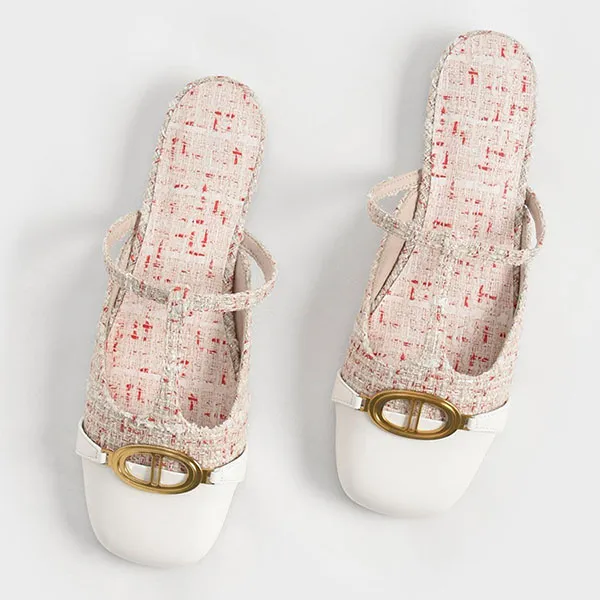 Giày Sục Nữ Charles & Keith CNK Metallic Accent Cut-Out Tweed Flat Mules 70900383 Cream Màu Kem Size 35