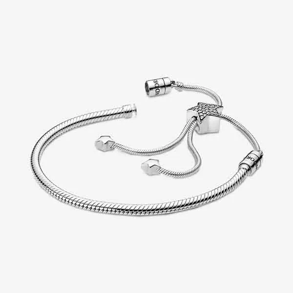 Vòng Đeo Tay Pandora Moments Pavé Star And Snake Chain Sliding Bracelet 598528C01-2 Màu Bạc