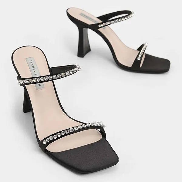 Dép Cao Gót Nữ Charles & Keith CNK Satin Gem-Encrusted Heeled Sandals Black 60050949 Màu Đen 35