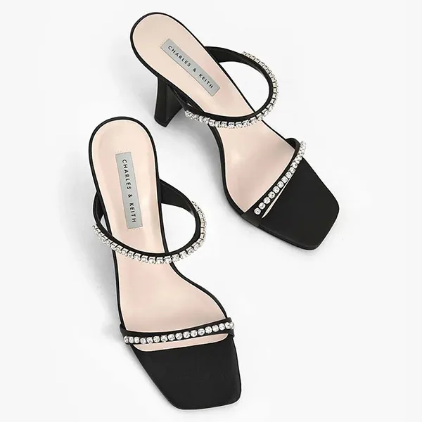 Dép Cao Gót Nữ Charles & Keith CNK Satin Gem-Encrusted Heeled Sandals Black 60050949 Màu Đen 35