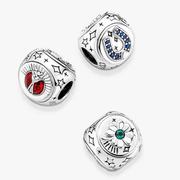 Hạt Vòng Charm Pandora Clover Horseshoe & Ladybird Three-Sided 790100C01 Màu Bạc