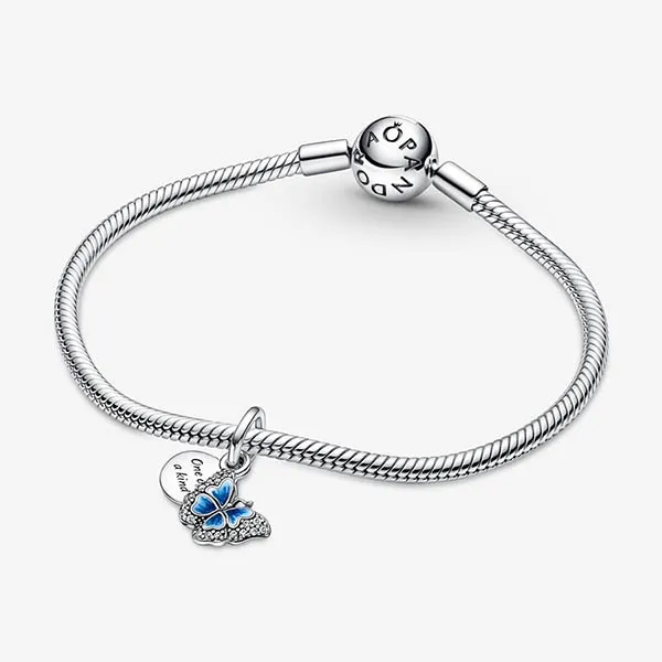 Hạt Vòng Charm Pandora Blue Butterfly & Quote Double Dangle 790757C01 Màu Xanh Bạc