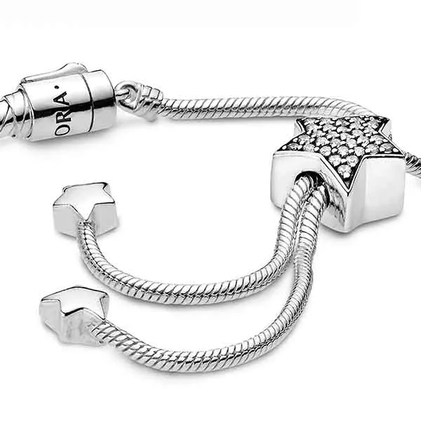 Vòng Đeo Tay Pandora Moments Pavé Star And Snake Chain Sliding Bracelet 598528C01-2 Màu Bạc