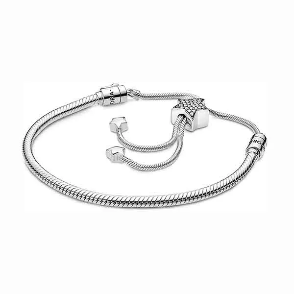 Vòng Đeo Tay Pandora Moments Pavé Star And Snake Chain Sliding Bracelet 598528C01-2 Màu Bạc