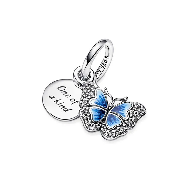 Hạt Vòng Charm Pandora Blue Butterfly & Quote Double Dangle 790757C01 Màu Xanh Bạc