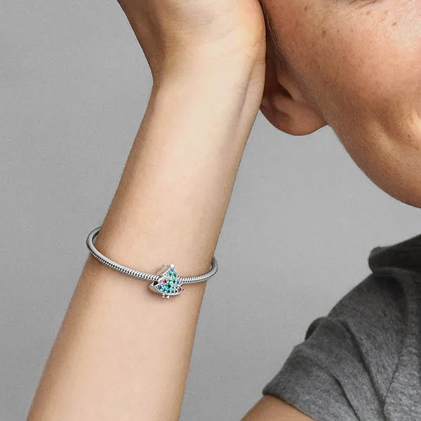 Hạt Vòng Charm Pandora 790018C01 Silver Christmas Tree Màu Xanh Bạc