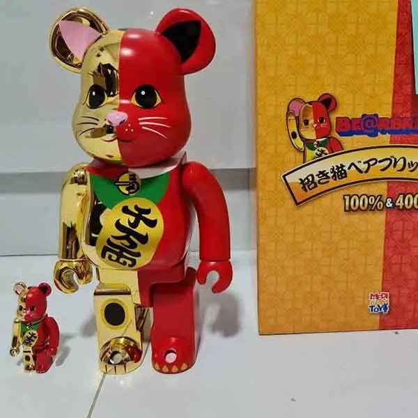Đồ Chơi Mô Hình Bearbrick Maneki Neko Gold Red Màu Vàng Đỏ Size 100% + 400%