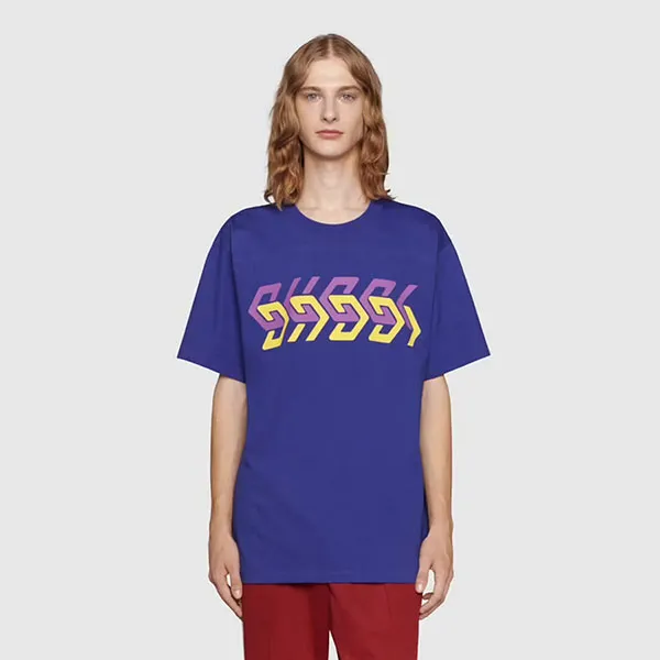 Áo Phông Gucci Cotton Jersey T-Shirt With Gucci Mirror Print Màu Xanh Dương