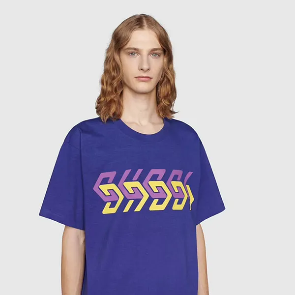 Áo Phông Gucci Cotton Jersey T-Shirt With Gucci Mirror Print Màu Xanh Dương