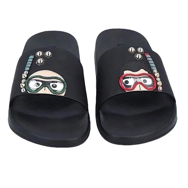 Dép Quai Ngang Dolce & Gabbana D&G Designer Pattern Slides Black Màu Đen Size 40