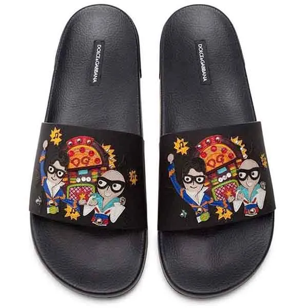 Dép Quai Ngang Dolce & Gabbana D&G Stylist Patches Rubber Slides Màu Đen