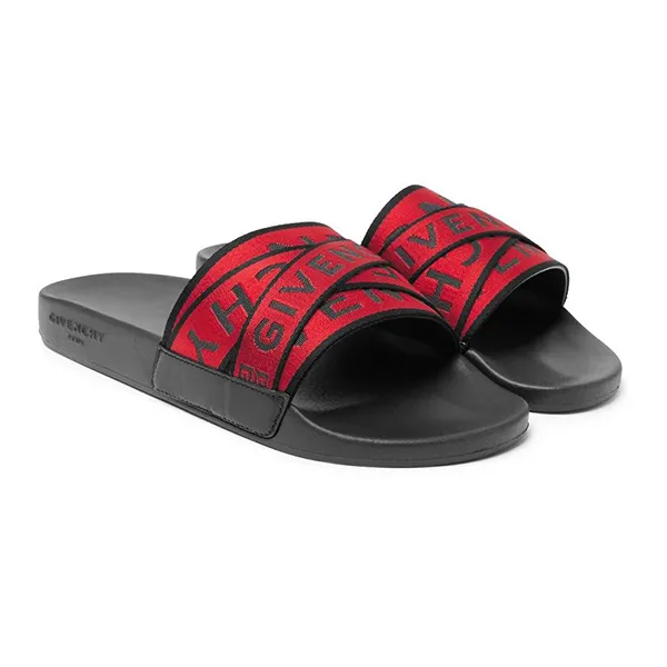 Dép Quai Ngang Givenchy Logo-Jacquard Webbing, Leather and Rubber Slides Màu Đỏ Size 39