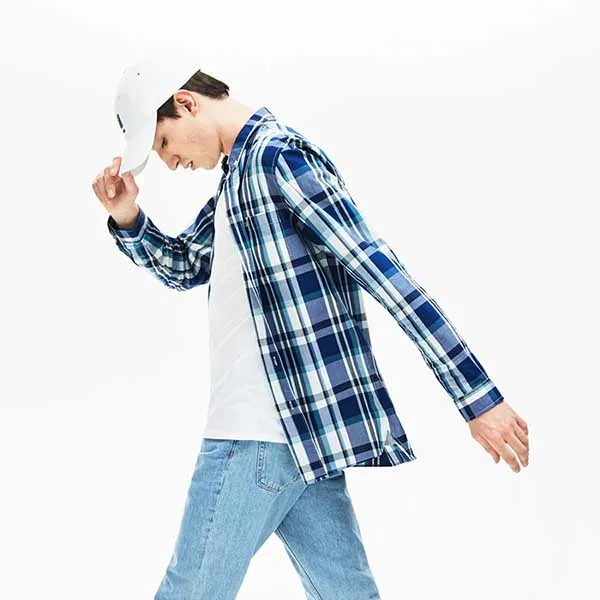 Áo Sơ Mi Lacoste Men's Slim Fit Cotton Poplin Shirt CH6362-51 Màu Xanh Kẻ Size S
