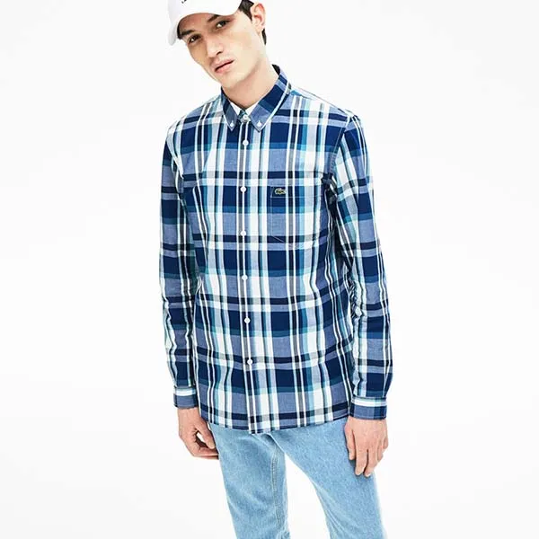Áo Sơ Mi Lacoste Men's Slim Fit Cotton Poplin Shirt CH6362-51 Màu Xanh Kẻ Size S