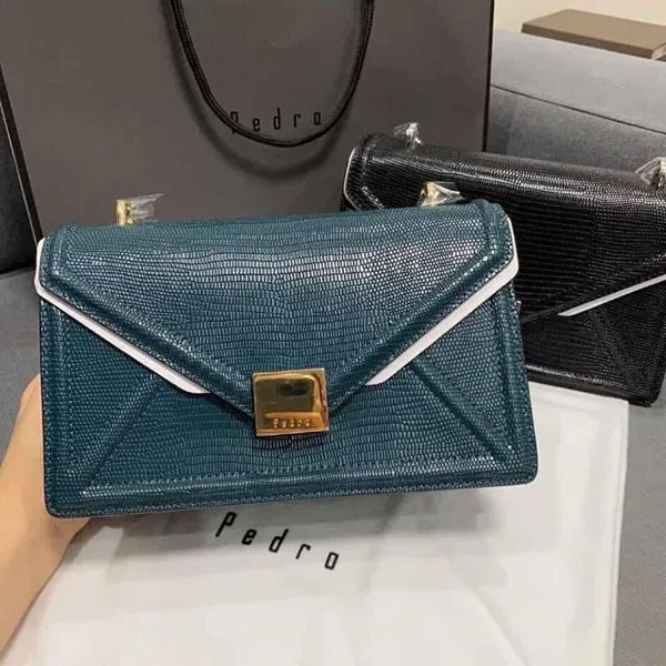Túi Đeo Chéo Pedro Lizard-Effect Leather Envelope Shoulder Bag Màu Xanh Cổ Vịt