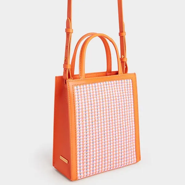 Túi Xách Nữ Charles & Keith CNK Tweed Double Handle Tote Bag - Orange 30781803-2 Màu Cam