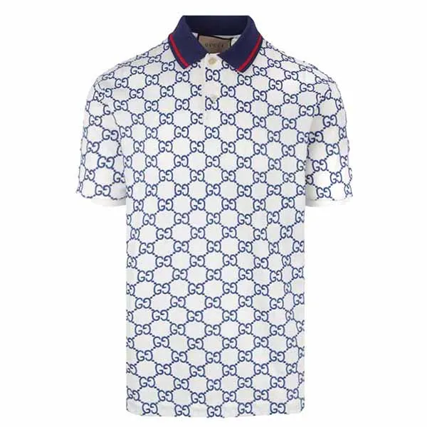 Áo Polo Gucci GG Stretch Cotton Polo Màu Trắng Viền Xanh Size M