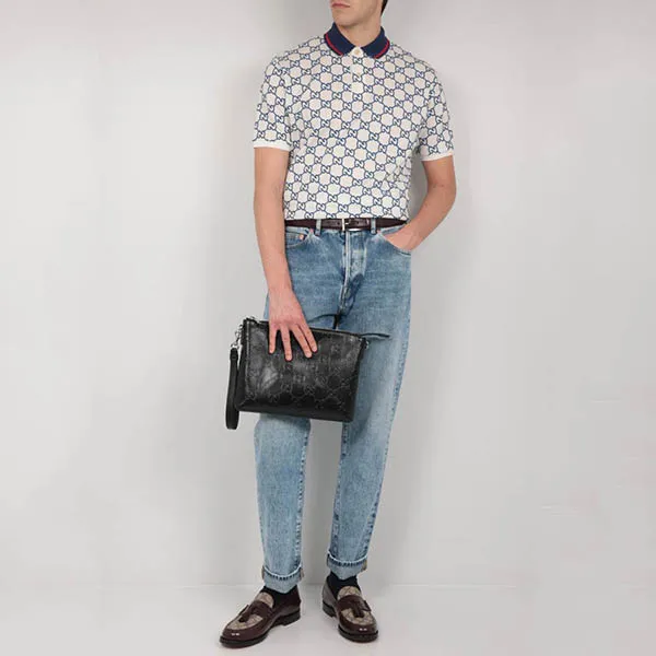 Áo Polo Gucci GG Stretch Cotton Polo Màu Trắng Viền Xanh Size M