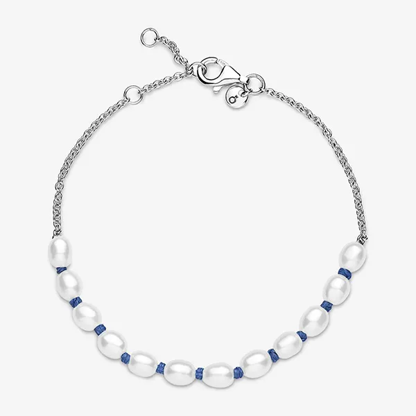 Vòng Đeo Tay Pandora Freshwater Cultured Pearl Blue Cord Chain Bracelet 591689C01 Màu Trắng Bạc