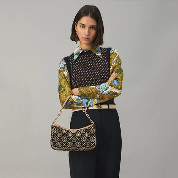 Túi Đeo Vai Tory Burch T Monogram Chenille Studio Bag Màu Nâu Đen - Túi xách - Vua Hàng Hiệu