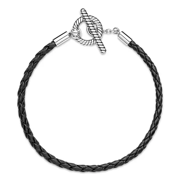 Vòng Đeo Tay Pandora Moments Braided Leather T-Bar Bracelet 591675C01 Màu Đen Bạc Size 17.5 - Trang sức - Vua Hàng Hiệu
