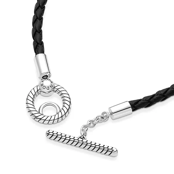 Vòng Đeo Tay Pandora Moments Braided Leather T-Bar Bracelet 591675C01 Màu Đen Bạc Size 17.5 - Trang sức - Vua Hàng Hiệu