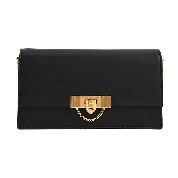 Túi Đeo Chéo Nữ Charles & Keith CNK Tallulah Metallic Push-Lock Wallet Black CK6-10701189 Màu Đen