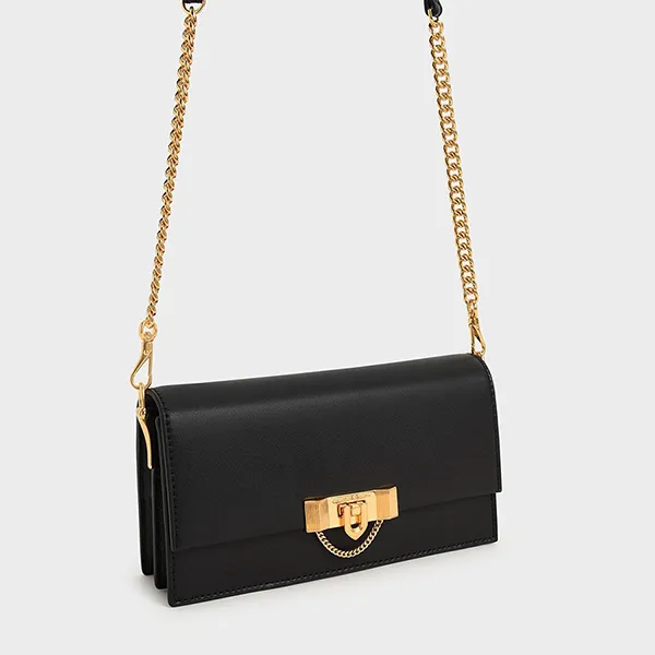 Túi Đeo Chéo Nữ Charles & Keith CNK Tallulah Metallic Push-Lock Wallet Black CK6-10701189 Màu Đen