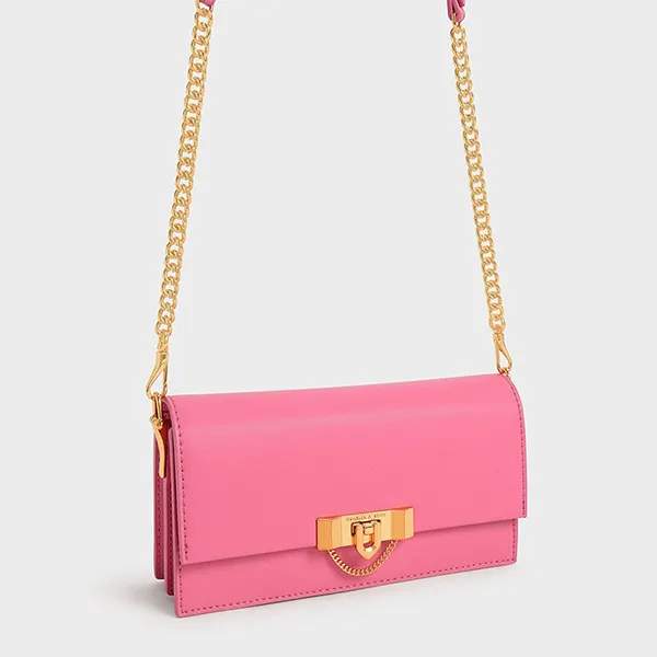 Túi Đeo Chéo Nữ Charles & Keith CNK Tallulah Metallic Push-Lock Wallet Pink 10701189 Màu Hồng