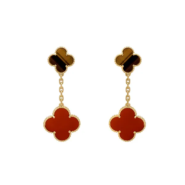 Khuyên Tai Jewery Luxury Magic Alhambra Earrings, 2 Motifsyellow Gold, Carnelian, Tiger Eye Màu Vàng Gold