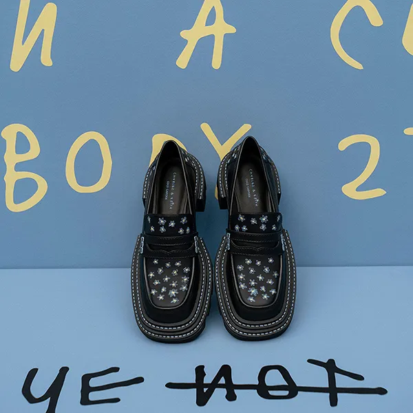 Giày Lười Nữ Charles & Keith CNK Perline Chunky Penny Loafers 70900334-2 Màu Đen