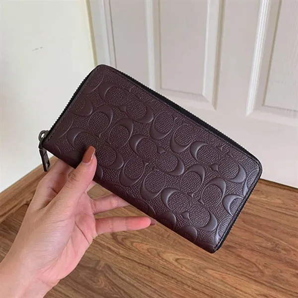 Ví Nam Coach Mens Accordion Zip Around Signature Crossgrain Wallet Leather In Mahogany Màu Nâu Size 18