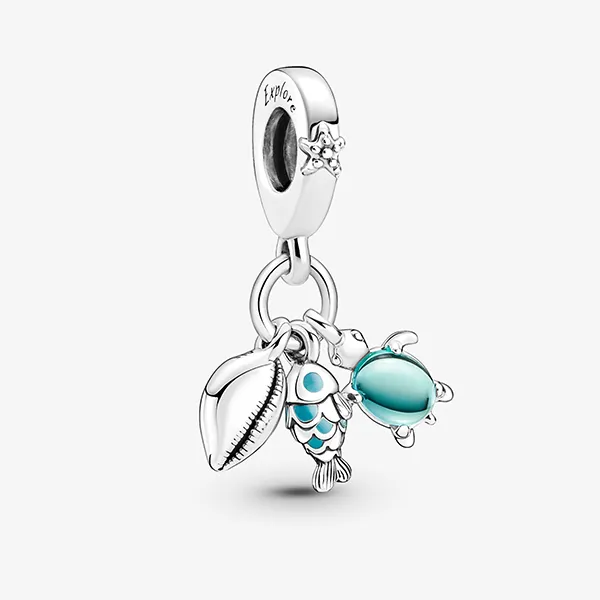 Hạt Vòng Charm Pandora Fish, Sea Turtle & Conch Triple Dangle 791697C01 Màu Bạc Phối Xanh QPH