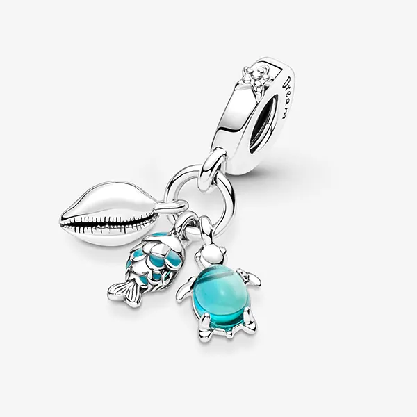 Hạt Vòng Charm Pandora Fish, Sea Turtle & Conch Triple Dangle 791697C01 Màu Bạc Phối Xanh QPH