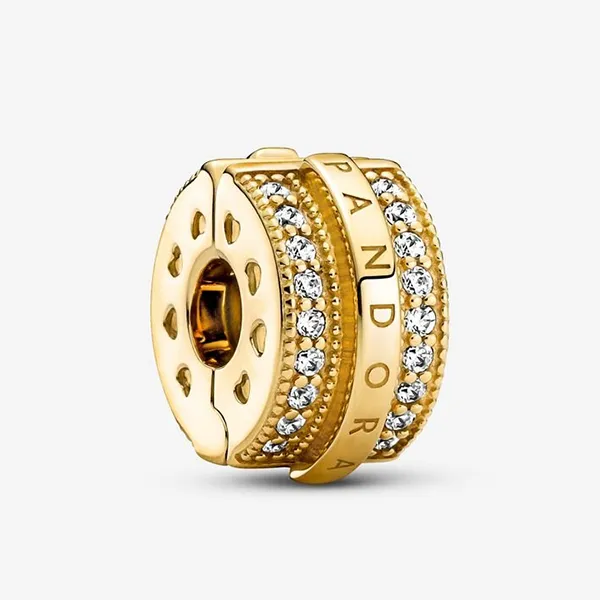Hạt Vòng Charm Pandora Sparkling Pavé Lines & Logo Clip 769042C01 Màu Vàng