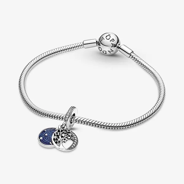 Hạt Vòng Charm Pandora Double Dangle Tree & Galaxy Moon 799645C01 Màu Bạc Xanh