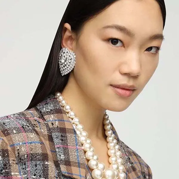 Khuyên Tai Alessandra Rich Mini Crystal Heart Clip-On Earrings Màu Bạc