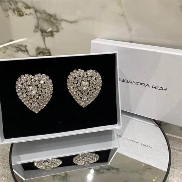 Khuyên Tai Alessandra Rich Mini Crystal Heart Clip-On Earrings Màu Bạc