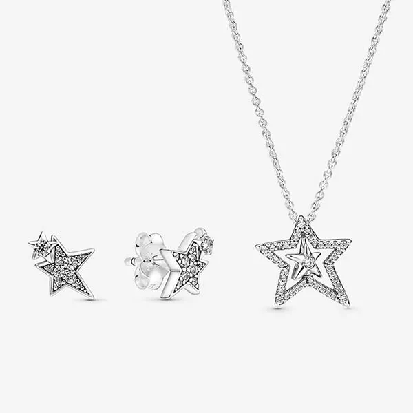 Set Dây Chuyền Và Khuyên Tai Pandora Sparkling Asymetric Star Jewelry Gift Set Màu Bạc