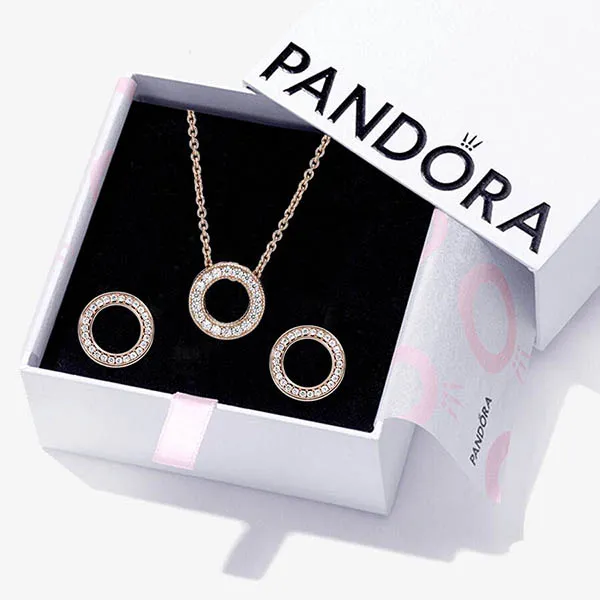 Set Dây Chuyền Và Khuyên Tai Pandora Sparkling Pave Circle Jewelry Gift Set Màu Vàng Hồng