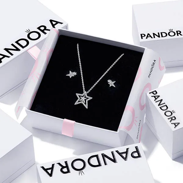 Set Dây Chuyền Và Khuyên Tai Pandora Sparkling Asymetric Star Jewelry Gift Set Màu Bạc