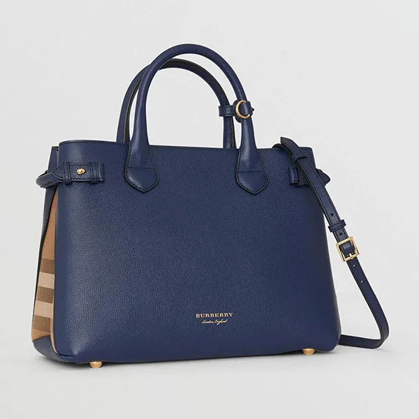 Túi Tote Burberry The Medium Banner In Leather And House Check Blue Màu Xanh Blue Size 34