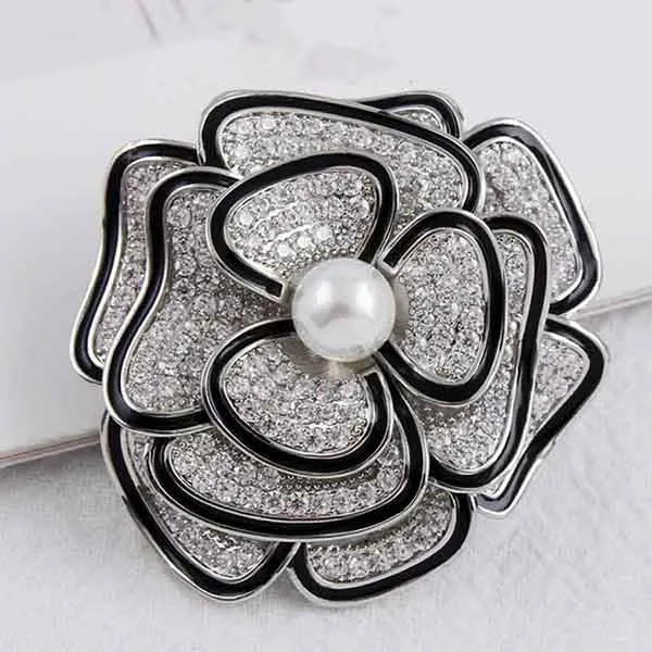 Cài Áo Meri Kiểu Dáng Đóa Hoa Đính Ngọc Viền Đen Sang Trọng BR390