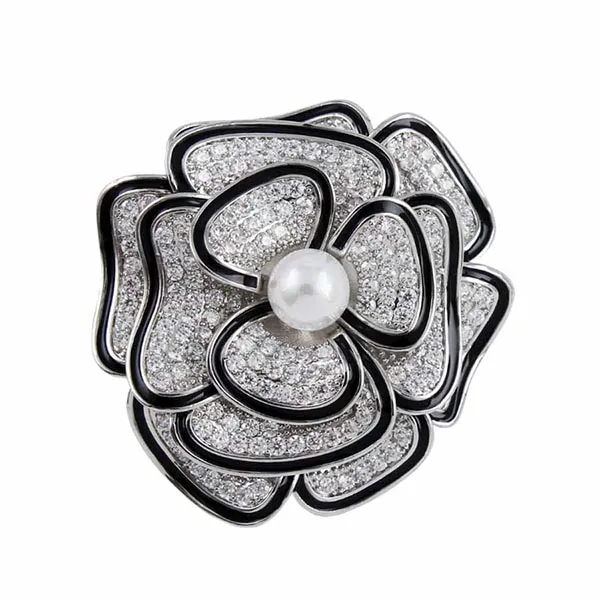 Cài Áo Meri Kiểu Dáng Đóa Hoa Đính Ngọc Viền Đen Sang Trọng BR390