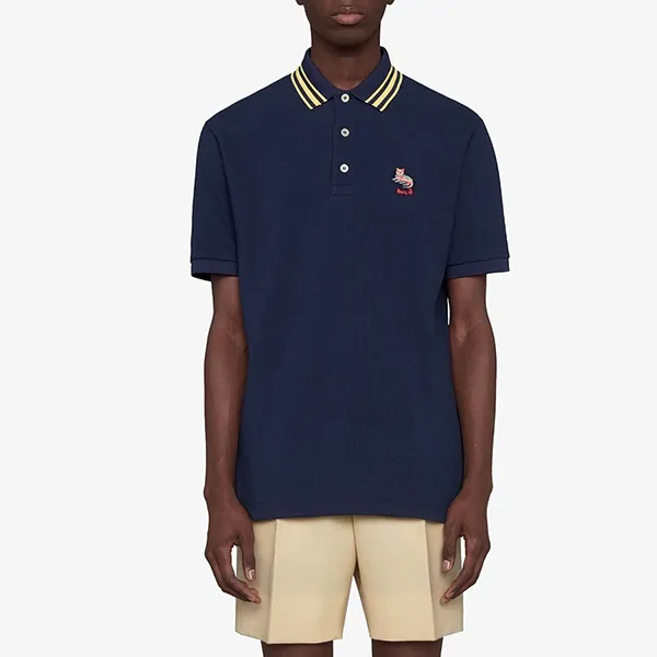 Áo Polo Nam Gucci Cat Patch Pique Shirt Màu Xanh Blue Size M