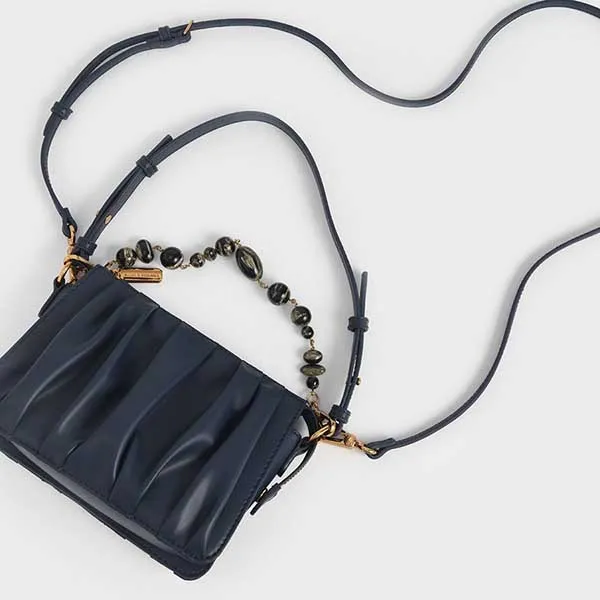 Túi Đeo Vai Nữ Charles & Keith CNK Beaded Strap Ruched Shoulder Bag - Navy 20270749 Màu Xanh Navy